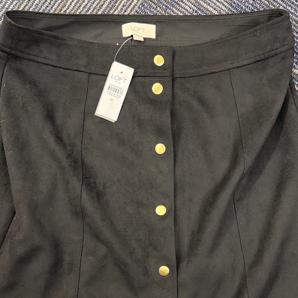 black faux suede midi skirt with a snap-front closure from the brand LOFT